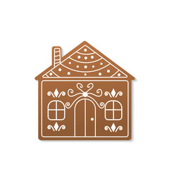 Gingerbread house. Vector hand drawn gingerbread house in a simple flat style. Christmas cookies. Brown and white colors.	