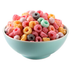 colorful round cereal in a white bowl isolated on transparent background ,generative ai