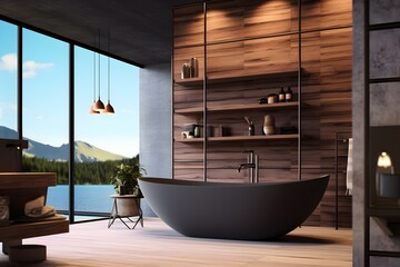 Modern bathroom interior in dark colors with a big window and freestanding black bathtub