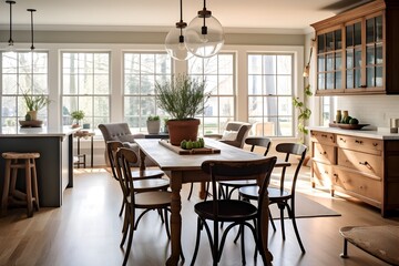 Fototapeta premium A grand, well-lit kitchen space with cabinets and elegant old table