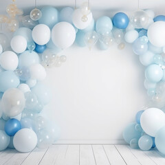 Party festive birthday backdrop photo zone with blue and white balloons, empty photo wall, minimalist interior