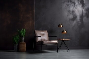 Chic loft interior featuring a leather armchair set against a dark cement wall