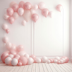 Party festive birthday backdrop photo zone with pink and white balloons, empty photo wall, minimalist interior