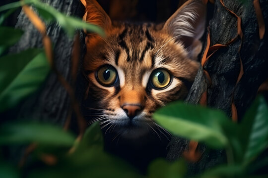 A cute cat is taking pictures against a garden backdrop.