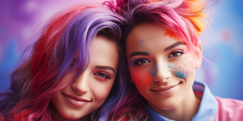 Obraz premium Zwei schöne Frauen Gesichter mit Holifarben in den Haaren verschmiert lachen Querformat, ai generativ