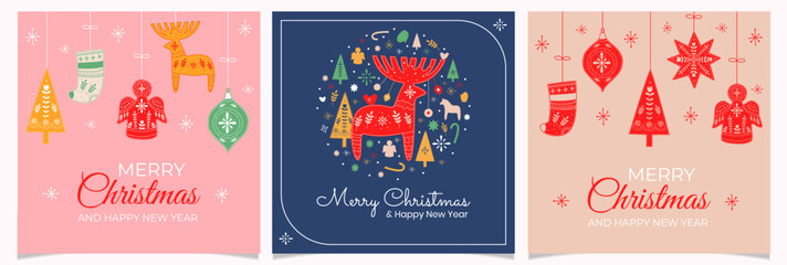 Merry Christmas and Happy New Year cards set with scandinavian decoration Christmas toys,tree,sock,angel and ect. with congratulations. Vector flat illustration. 