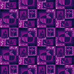 Seamless pattern with doodle-style Halloween elements. Geometric poster with elements of autumn. Pumpkin, cup, teapot, stars, leaves, lily, cat in geometric shapes. Repeating purple, blue ornament