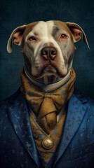 Pitt Bull dog dressed in an elegant blue suit, standing as a confident leader and a powerful businessman. Fashion portrait of an anthropomorphic animal posing with a charismatic human attitude © mozZz