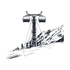 Ski resort maintenance. Surface lift operator fixing a lift. Snowy hills on a background. Winter extreme sport activities. Flat vector illustration
