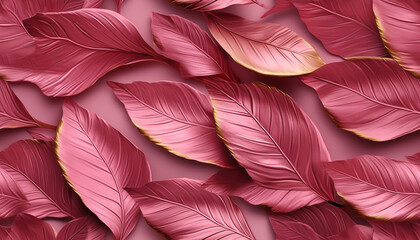 pink background with gold embossed leaves, seamless repeating pattern created with Generative Ai