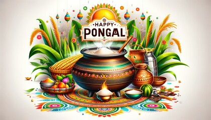 Vibrant illustration celebrating Pongal Festival with traditional pots, sugarcane, and a burst of colorful patterns and motifs. Pongal Harvest Festival India celebrated by Tamil, Cultural Festival - obrazy, fototapety, plakaty