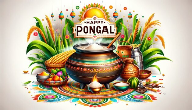 Vibrant illustration celebrating Pongal Festival with traditional pots, sugarcane, and a burst of colorful patterns and motifs. Pongal Harvest Festival India celebrated by Tamil, Cultural Festival