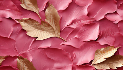 pink background with gold embossed leaves, seamless repeating pattern created with Generative Ai