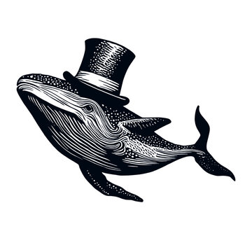 whale wearing vintage top hat vector sketch