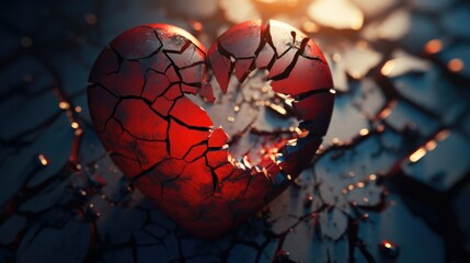 Broken red glass heart with hole on it on a cracked stone