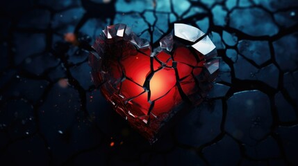 Broken red glass heart on a cracked stone
