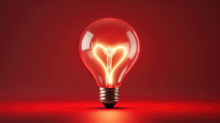 Light bulb with a heart shape glowing filament on a red background, Valentine day concept