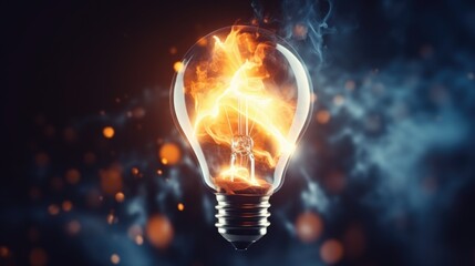 Light bulb explodes with electric fire on a dark background