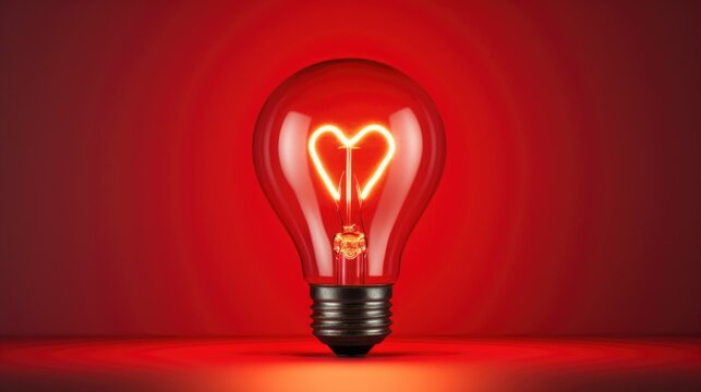 Light bulb with a heart shape glowing filament on a red background, Valentine day concept