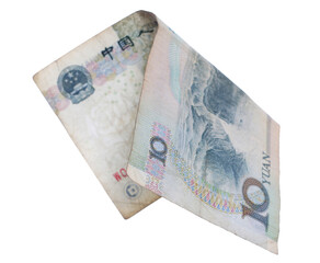 Ten yuan bill fly, Chinese Renminbi money, 10 rmb isolated on white, clipping path