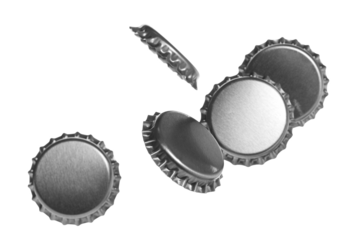 New silver bottle cap for beer in flying, isolated on white, clipping path, macro