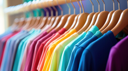 Fototapeta premium Colorful t-shirts in a shop at a shopping mall. Commerce, clothing brand and fashion concept.