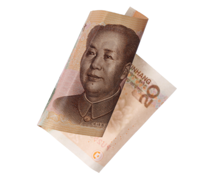 Twenty yuan bill fly, Chinese Renminbi money, rmb isolated on white, clipping path