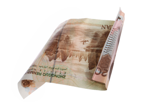 Twenty yuan bill fly, Chinese Renminbi money, rmb isolated on white, clipping path