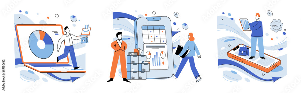 Poster Business operations vector illustration. Analysis, navigator charting course through vast sea intricate business operations Process, engine propelling well-oiled machinery efficient and effective