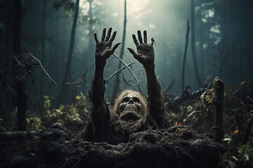 Zombie in the forest crawls out of the ground and raises its hands up. Horrible scary zombie man in the forest. Undead crawls out of the ground. Horror. Halloween. - obrazy, fototapety, plakaty