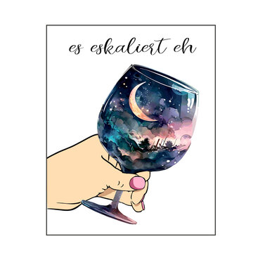 Hand Holding Wine Glass with Painted Design. A hand holding a wine glass with a painting of the Mystical Night. Month