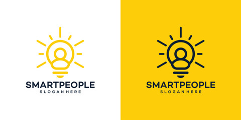 Smart leader logo design template. Lamp logo with people design graphic vector illustration. Symbol, icon, creative. - obrazy, fototapety, plakaty