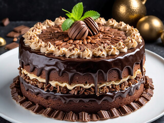 German chocolate cake with coconut, pecan frosting, chocolate cake, coconut and chopped pecans.