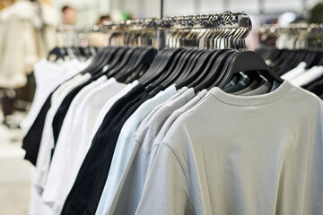 Closeup shot of t-shirts on hangers displayed on clothes rack at shop