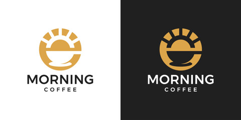 Morning coffee logo design template. Coffee cup with sun design graphic vector illustration. Symbol, icon, creative.