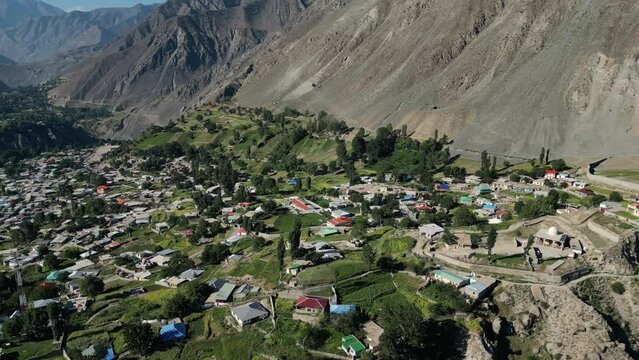 Aerial view of Astore valley Gilgit Baltistan, Pakistan. The town is hustling and bustling in the tourist season.
