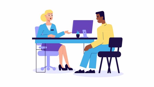 Manager and a Client animation. Bank service, finance, credit, deposit consult. Worker Receptionist Providing information to customer, Financial consultation. HR recruiting or hiring employee
