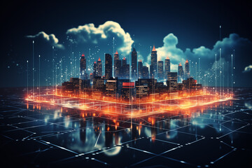 Obraz premium Digital communication connecting people with hologram and city building. Data innovation, fururistic and technology