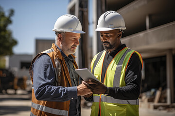 Two professionals inspect construction site of industrial or commercial building, real estate project with civil engineer