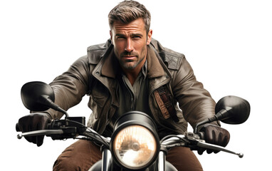 Fototapeta na wymiar Dashing Man On Motorbike In Leather Jacket Isolated on a Transparent Background PNG.