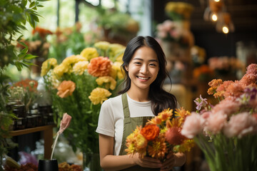 Portrait of shop owner woman holding a bouquet in a florist. Business entrepreneur, flower shop
