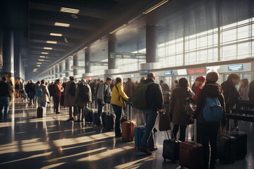Tourists in queue in the airport terminal. Passengers during check-in. Holiday, travel concept