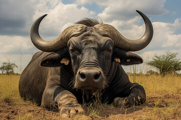 Obraz premium African buffalo in savanna, National Reserve created with Generative Ai