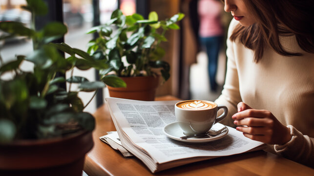 Close-up of a young woman with painted lips and beautiful fingernails, drinking a cappuccino in a café and reading the newspaper