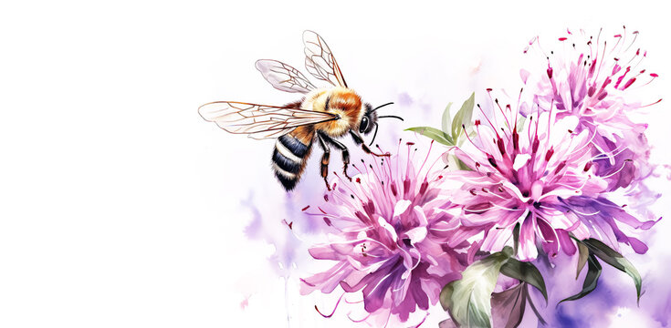 Watercolor Pink Bee Balm or Monarda Background with Copy Space