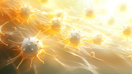 Close up of Probiotics Bacteria,bacterial intruder cells causing sickness,virus,Medical 3d illustration infected with Coronavirus COVID-19, a respiratory cell virus influenza virus in China.generative