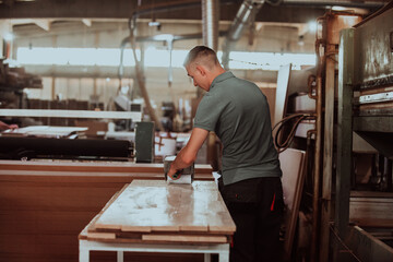 A dedicated worker in the woodworking industry meticulously paints doors, adding the final touches...