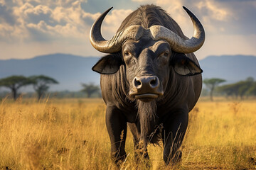 Obraz premium African buffalo in savanna, National Reserve created with Generative Ai