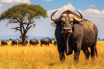 Obraz premium African buffalo in savanna, National Reserve created with Generative Ai