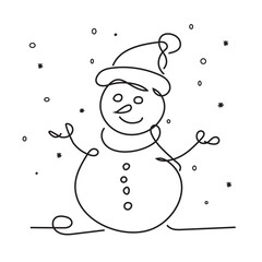 Continuous one line drawing of a Christmas snowman. Cute winter character. Vector illustration